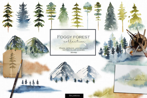 Foggy Forest Trees Landscapes Illustrations Set a Moody, Organic Tone for Brand Design