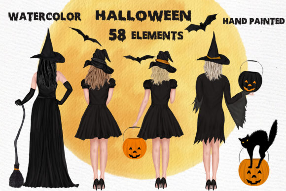 Halloween Girls Clipart Witches Clipart for Crafters & Etsy Sellers